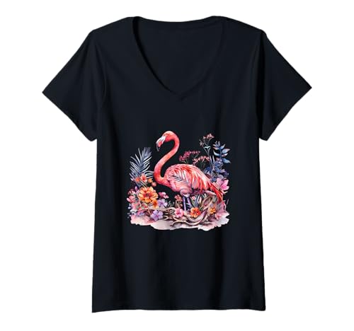 Damen Rosa Flamingo, Vogel, Tierkunst, Blumen, Wildtiere, Flamingo-Liebhaber T-Shirt mit V-Ausschnitt von Tropical Jungle Animal Art