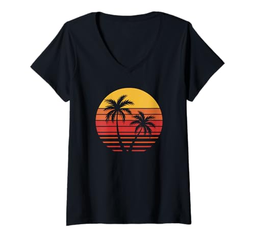 Damen Sunset Retro Vibes Palme T-Shirt mit V-Ausschnitt Damen Sunset Retro Vibes Palme T-Shirt mit V-Ausschnitt von Tropical Living Sunset