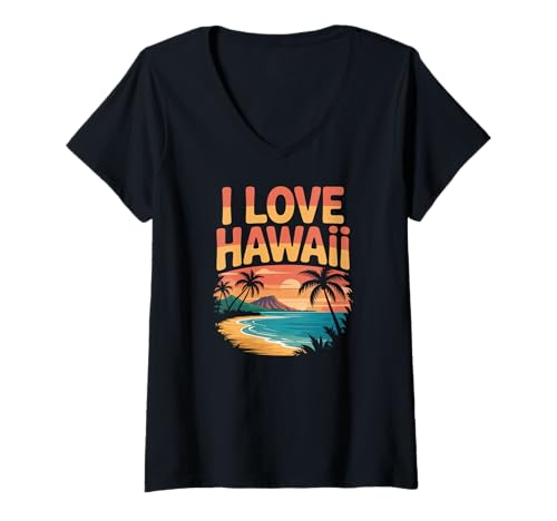 Damen Ich Liebe Hawaii Tropical Sunset Adventure T-Shirt mit V-Ausschnitt Damen Ich Liebe Hawaii Tropical Sunset Adventure T-Shirt mit V-Ausschnitt von Tropical Paradise Beach Sunset Vibes