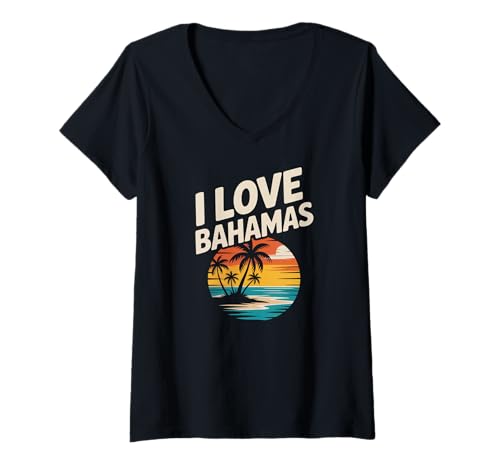 Damen Ich Liebe Bahamas Retro Sunset Vibes T-Shirt mit V-Ausschnitt Damen Ich Liebe Bahamas Retro Sunset Vibes T-Shirt mit V-Ausschnitt von Tropical Paradise Beach Vacation Travel