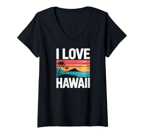 Damen Ich Liebe Hawaii Palmen Ocean Sunset T-Shirt mit V-Ausschnitt Damen Ich Liebe Hawaii Palmen Ocean Sunset T-Shirt mit V-Ausschnitt von Tropical Paradise Island Sunset Adventure