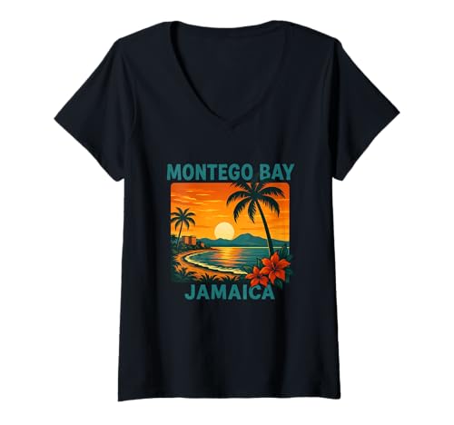 Damen Atemberaubendes Montego Bay Jamaika Sunset Design T-Shirt mit V-Ausschnitt Damen Atemberaubendes Montego Bay Jamaika Sunset Design T-Shirt mit V-Ausschnitt von Tropical Paradise Montego Vacation Designs