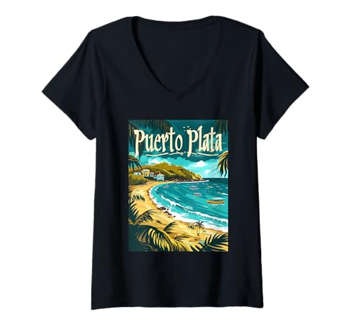 Damen Szenischer Rückzugsort im Vintage-Stil am Strand von Puerto Plata T-Shirt mit V-Ausschnitt Damen Szenischer Rückzugsort im Vintage-Stil am Strand von Puerto Plata T-Shirt mit V-Ausschnitt von Tropical Puerto Plata Beach Paradise Memories