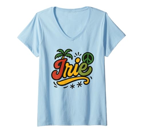 Damen Irie Reggae Hemd Palme Friedenszeichen Tropical Vibes Beach T-Shirt mit V-Ausschnitt Damen Irie Reggae Hemd Palme Friedenszeichen Tropical Vibes Beach T-Shirt mit V-Ausschnitt von Tropical Reggae Irie Peace Palm Tree Festival Tees