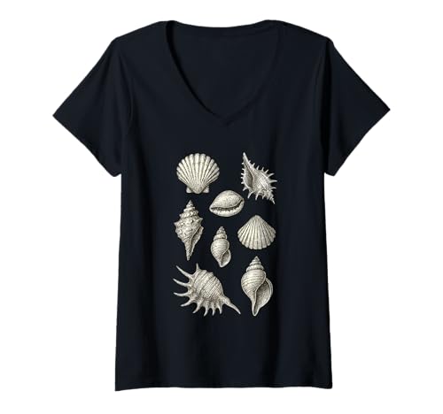 Damen Vintage Muscheln Muscheln Sammeln Beachcombing Sheller T-Shirt mit V-Ausschnitt Damen Vintage Muscheln Muscheln Sammeln Beachcombing Sheller T-Shirt mit V-Ausschnitt von Tropical Seashell Hunting Shelling Lineart Design