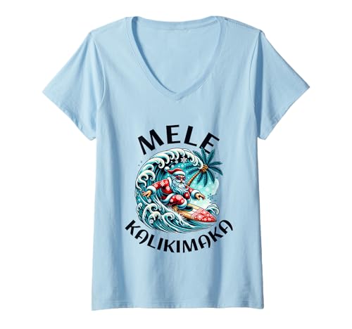 Damen Mele Kalikimaka Hawaiianischer Weihnachtsmann T-Shirt mit V-Ausschnitt Damen Mele Kalikimaka Hawaiianischer Weihnachtsmann T-Shirt mit V-Ausschnitt von Tropical Spirit Apparel for Every Holiday Occasion