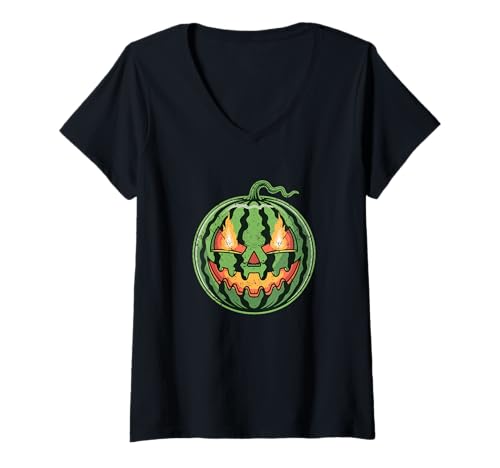 Damen Wassermelone Jack O Laterne Summerween Tropical Halloween T-Shirt mit V-Ausschnitt Damen Wassermelone Jack O Laterne Summerween Tropical Halloween T-Shirt mit V-Ausschnitt von Tropical Spooky Vibes