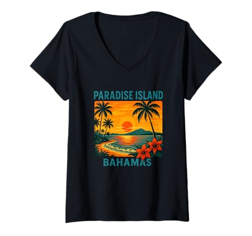 Damen Urlaubsstimmung im Paradies und auf der Insel Bahamas bei Sonnenuntergang T-Shirt mit V-Ausschnitt Damen Urlaubsstimmung im Paradies und auf der Insel Bahamas bei Sonnenuntergang T-Shirt mit V-Ausschnitt von Tropical Sunset Bahamas Island Designs