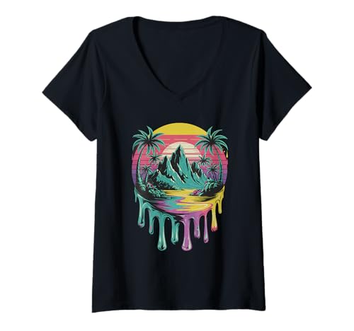 Damen Lebendige Dripping Island Sunset Grafik T-Shirt mit V-Ausschnitt Damen Lebendige Dripping Island Sunset Grafik T-Shirt mit V-Ausschnitt von Tropical Sunset Dreamscape