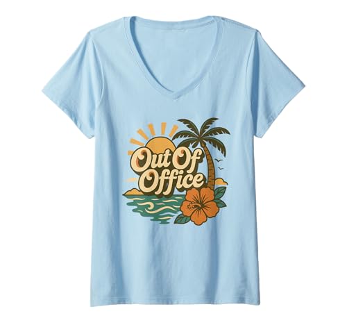 Damen Retro Out of Office Urlaub Palme Sonne Hibiskus Blume T-Shirt mit V-Ausschnitt Damen Retro Out of Office Urlaub Palme Sonne Hibiskus Blume T-Shirt mit V-Ausschnitt von Tropical Sunset Retro Vacation Palm Tree Shirt Co.