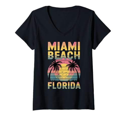 Damen Retro Miami Beach Florida, Fun Palm Tree and Sunset T-Shirt mit V-Ausschnitt von Tropical Travel Designs