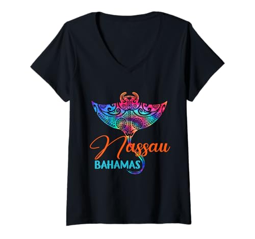 Damen Nassau Bahamas 2025 Tie Dye Tribal Stingray Familienurlaub T-Shirt mit V-Ausschnitt von Tropical Vacation Tribal Stingray Shirts