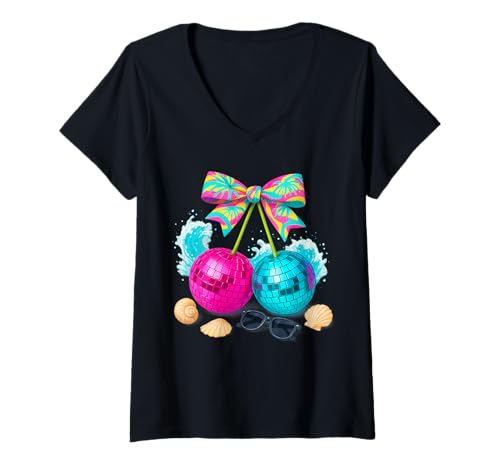 Damen Retro-Disco-Strandkirsch-Ästhetik T-Shirt mit V-Ausschnitt Damen Retro-Disco-Strandkirsch-Ästhetik T-Shirt mit V-Ausschnitt von Tropical Vibe Collective