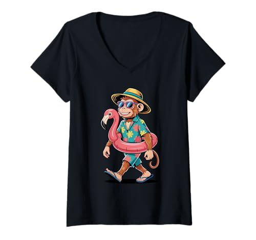 Damen Lustiger Strandaffe in schwebender tropischer Urlaubsstimmung T-Shirt mit V-Ausschnitt Damen Lustiger Strandaffe in schwebender tropischer Urlaubsstimmung T-Shirt mit V-Ausschnitt von Tropical Vibes Apparel for Beach Lovers and Fun