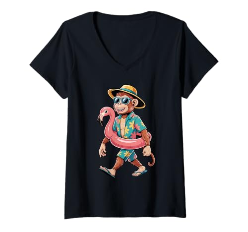 Damen Lustiger Strandaffe in schwebender tropischer Urlaubsstimmung T-Shirt mit V-Ausschnitt Damen Lustiger Strandaffe in schwebender tropischer Urlaubsstimmung T-Shirt mit V-Ausschnitt von Tropical Vibes Apparel for Beach Lovers and Fun
