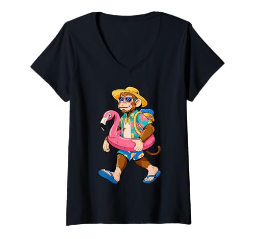 Damen Lustiger Strandaffe in schwebender tropischer Urlaubsstimmung T-Shirt mit V-Ausschnitt Damen Lustiger Strandaffe in schwebender tropischer Urlaubsstimmung T-Shirt mit V-Ausschnitt von Tropical Vibes Apparel for Beach Lovers and Fun