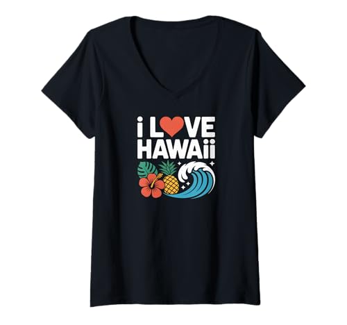 Damen Ich liebe Hawaii Tropical Wave Design T-Shirt mit V-Ausschnitt von Tropical Vibes Hawaiian Adventure