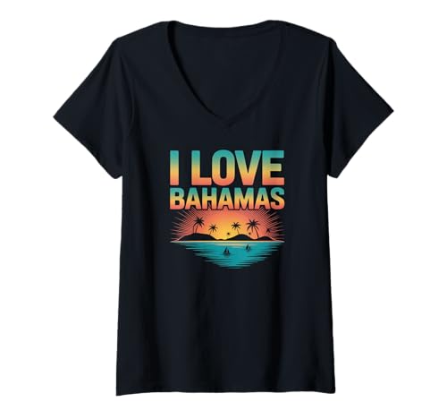 Damen Ich Liebe die Bahamas bei Sonnenuntergang, Palmen, Meerblick T-Shirt mit V-Ausschnitt Damen Ich Liebe die Bahamas bei Sonnenuntergang, Palmen, Meerblick T-Shirt mit V-Ausschnitt von Tropical Vibes Island Paradise Beach Escape