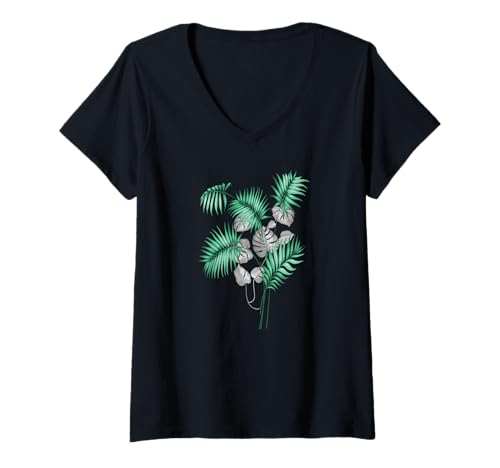 Damen Tropisches Blätter-Design T-Shirt mit V-Ausschnitt Damen Tropisches Blätter-Design T-Shirt mit V-Ausschnitt von Tropical design