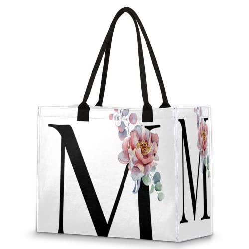Alphabet Monogramm Floral M Buchstabe Strandtasche Extra gro?e Tragetaschen Frauen Handtaschen Schultertasche Casual Einkaufstasche mit Innentasche mit Rei?verschluss, mehrfarbig, X-Large von TropicalLife