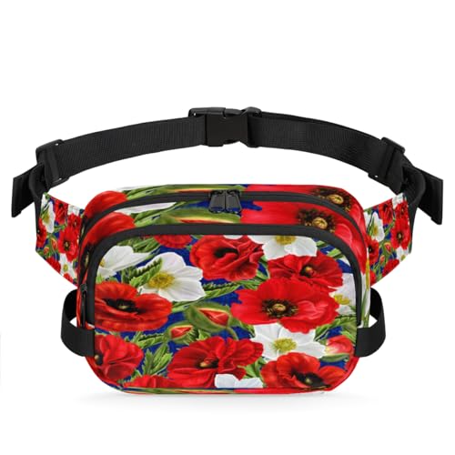 Bauchtasche mit Mohnblumen-Motiv für Damen, Herren, Mädchen, Jungen, Kinder, Motiv: Mohnblumen, Blätter, Bauchtasche, Laufen, Sport, Wandern, Geldbörse, Gürteltasche, farbe, XL, Taschen-Organizer von TropicalLife