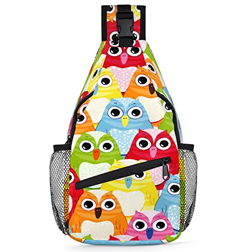 Bunte Vogel-Eule-Schultertasche für Herren und Damen, niedliche Eule, Umhängetasche für Reisen, Wandern, lässiger Tagesrucksack, Rucksack, multi, 35,6 cm, Sling Rucksack von TropicalLife