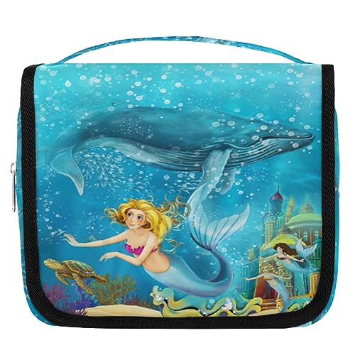 Cartoon Ocean Meerjungfrau Wale Reise Kulturbeutel für Frauen Männer Ozean Kulturbeutel Tasche Hängende Toilettenartikel Kosmetik Make-up Organizer, farbe, 4.7 L, Taschen-Organizer von TropicalLife