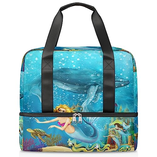 Cartoon Ozean Meerjungfrau Wale Reise Seesack für Männer Frauen 21L Ozean Wochenende Tasche nass getrennt Sport Tote Gym Reise Weekender Tasche, multi, 21L, Reisetasche von TropicalLife