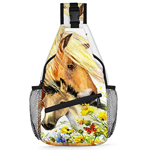 Cute Horse Flowers Sling Rucksack Herren Damen Pferd Lustige Crossbody Schultertasche für Reisen Wandern Freizeit Tagesrucksack Rucksack, multi, 35,6 cm, Sling Rucksack von TropicalLife