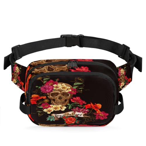 Day of the Dead Bauchtasche für Damen, Herren, Mädchen, Jungen, Kinder, floraler Totenkopf, Bauchtasche, Laufen, Sport, Wandern, Geldbörse, Gürteltasche, farbe, XL, Taschen-Organizer von TropicalLife