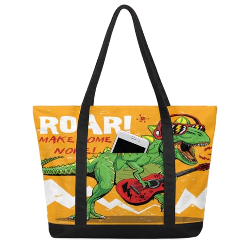 Dinosaurier-Gitarren-Handtasche für Damen und Mädchen, Rock-Dinosaurier, große Schultertasche, Segeltuch, 22 l, große Kapazität, Reißverschluss, Einkaufstasche für Schule, Reisen, Arbeit, farbig, big von TropicalLife