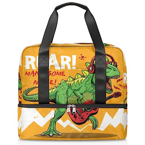 Dinosaurier-Gitarren-Reisetasche für Männer und Frauen, 21 l, Rock-Dinosaurier-Wochenendtasche, nass, getrennte Sporttasche, Fitnessstudio, Reisen, Wochenendtasche, multi, 21L, Reisetasche von TropicalLife