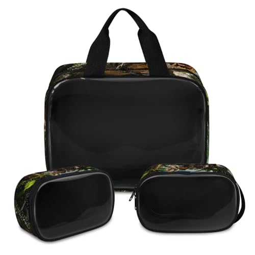 Dinosaurier-Make-up-Tasche für Damen und Herren, Dinosaurier, tropische Pflanzen, durchscheinend, Kosmetiktasche, Kulturbeutel, Duschtasche, 3 Stück, Reise-Kulturartikel, Kosmetik-Organizer, farbe, von TropicalLife