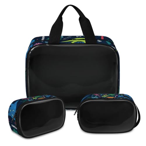 Dinosaurier-Make-up-Tasche für Damen und Herren, Dinosaurier-Tiere, durchscheinend, Kosmetiktasche, Waschbeutel, Duschtasche, 3 Stück, Reise-Kulturartikel, Kosmetik-Organizer, farbe, XL, von TropicalLife