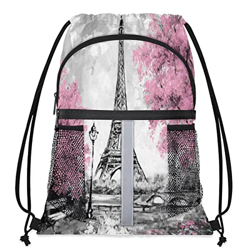 Eiffelturm-Rucksack mit Kordelzug für Damen und Herren, Sport, Reisen, Fitnessstudio, Yoga, Paris, Vintage-Schnur, Rucksack mit Wasserflaschentasche, lässiger Tagesrucksack, mehrfarbig, One size von TropicalLife