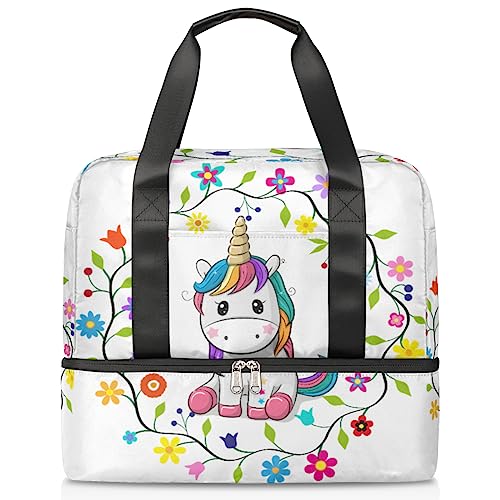 Einhorn Blumen Reisetasche für Männer Frauen 21L Einhorn süße Wochenendtasche nass getrennt Sport Tote Gym Reise Weekender Tasche, multi, 21L, Reisetasche von TropicalLife