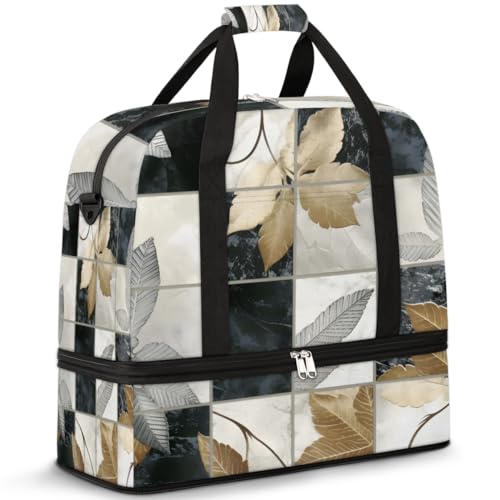 Faltbare Reisetasche für Damen und Herren, 47 l, Wochenendtasche mit Trolleyhülle, nass getrennte Schultertasche, Tragetasche für Sport, Fitnessstudio, Reisen, Blattkunst, karierter Marmor, farbe, 47 von TropicalLife