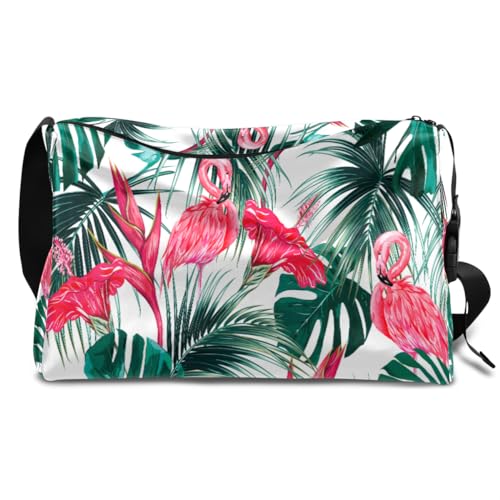 Floral Palm Leaves Flamingo Leather Duffle Bag for Man Woman Boys Girls, Floral Weekend Overnight Sports Gym Bag Travel Bag Single Shoulder Crossbody Handbag, farbe, 18.5L, Taschen-Organizer von TropicalLife