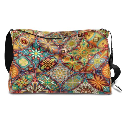 Flower Ethnic Mandala Leder Duffle Bag für Mann Frau Jungen Mädchen Mandala Wochenende Übernachtung Sport Gym Bag Reisetasche Single Shoulder Crossbody Handtasche, farbe, 18.5L, Taschen-Organizer von TropicalLife