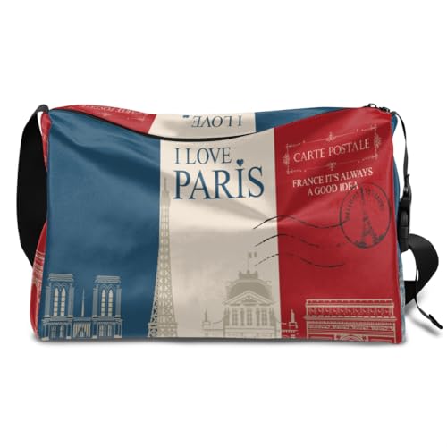 Französische Paris Postkarte Leder Duffle Bag für Mann Frau Jungen Mädchen Französische Flagge Wochenende Übernachtung Sport Gym Bag Reisetasche Single Shoulder Crossbody Handtasche, farbe, 18.5L, von TropicalLife