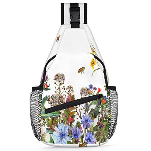 Frühlings-Blumen-Rucksack für Herren und Damen, Wildblumen, Blumenmuster, Umhängetasche für Reisen, Wandern, lässiger Tagesrucksack, Rucksack, multi, 35,6 cm, Sling Rucksack von TropicalLife