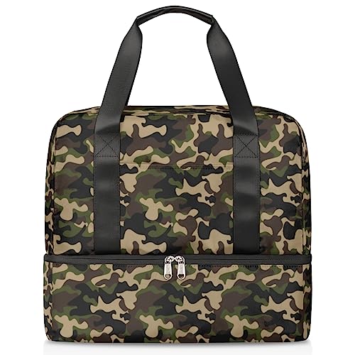 Grün Braun Camouflage Reisetasche 21L Camouflage Wochenendtasche mit Trolley Sleeve Wet Separated Sports Tote Gym Reisetasche für Männer Frauen Weekender Bag, multi, 21L, Reisetasche von TropicalLife