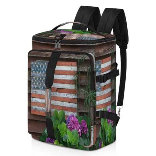 Holz-Rucksack mit amerikanischer Flagge, Blume, Sporttasche für Männer und Frauen, Flagge, Wochenendtasche mit Schuhfach, Tragetasche, Übernachtungstasche, 47,5 l, für Sport, Fitnessstudio, Reisen, von TropicalLife