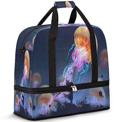 Jellyfish Girl Print Faltbare Reisetasche Quallen 47L Wochenendtasche mit Trolleyhülle nass getrennt Schultertasche Tragetasche für Sport Gym Reisen, multi, 47L, Reisetasche von TropicalLife