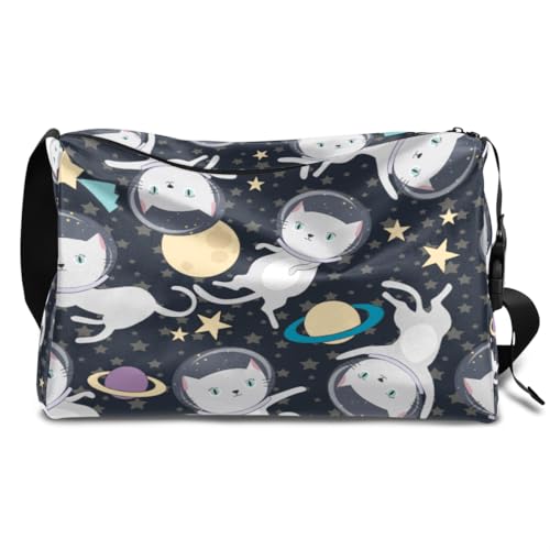 Katze Astronaut Weltraum Leder Duffle Bag für Mann Frau Jungen Mädchen Katze Wochenende Übernachtung Sport Gym Bag Reisetasche Single Shoulder Crossbody Handtasche, farbe, 18.5L, Taschen-Organizer von TropicalLife