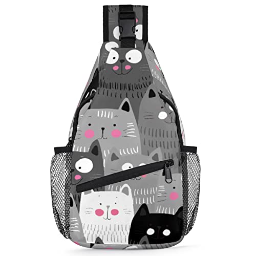 Katzen-Rucksack für Herren und Damen, niedlich, graue Katzen, Umhängetasche, Schultertasche, Brusttasche für Reisen, Wandern, lässiger Tagesrucksack, Rucksack, multi, 35,6 cm, Sling Rucksack von TropicalLife