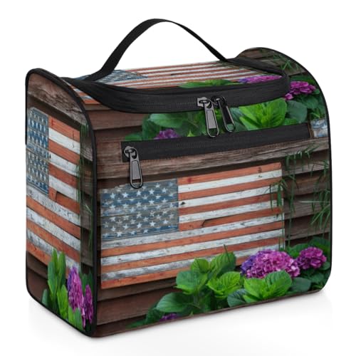 Kosmetiktasche aus Holz, Motiv: amerikanische Flagge, Blumenmotiv, für Damen, Herren, Mädchen, Jungen, Flagge, 11,2 l, Kulturbeutel, Kulturbeutel, Kulturbeutel, Kosmetik-Organizer, Duschtasche, farbe, von TropicalLife