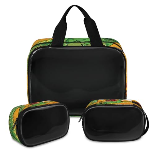 Kosmetiktasche mit Dinosaurier-Gitarre, für Damen und Herren, Rock-Dinosaurier, durchscheinend, Kulturbeutel, Duschtasche, 3 Stück, Reise-Kulturartikel, Kosmetik-Organizer, farbe, XL, Kosmetiktasche von TropicalLife