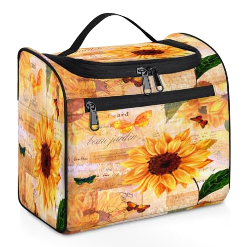 Kosmetiktasche mit Sonnenblumen-Motiv, Vintage-Stil, für Damen, Herren, Mädchen, Jungen, Sonnenblumen, Schmetterlinge, 11,2 l, Kulturbeutel, Kulturbeutel, Kulturbeutel, Kosmetik-Organizer, von TropicalLife