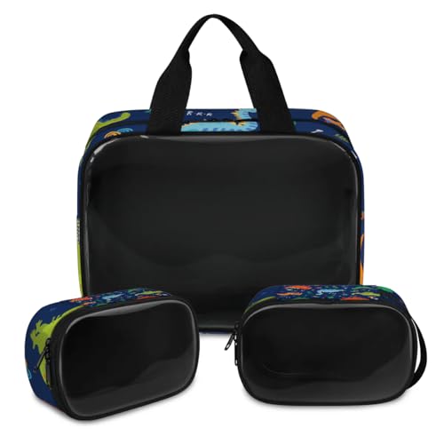 Kosmetiktasche mit niedlichem Dinosaurier-Cartoon-Motiv, für Damen und Herren, durchscheinend, 3 Stück, Reise-Kulturbeutel, Toilettenartikel, Kosmetik-Organizer, farbe, XL, Kosmetiktasche von TropicalLife